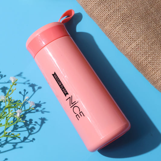 Plastic Vacuum Flask Bottle - Pink (400 ML) | Double Wall Insulated Hot & Cold Travel Water Bottle with Carry Strap