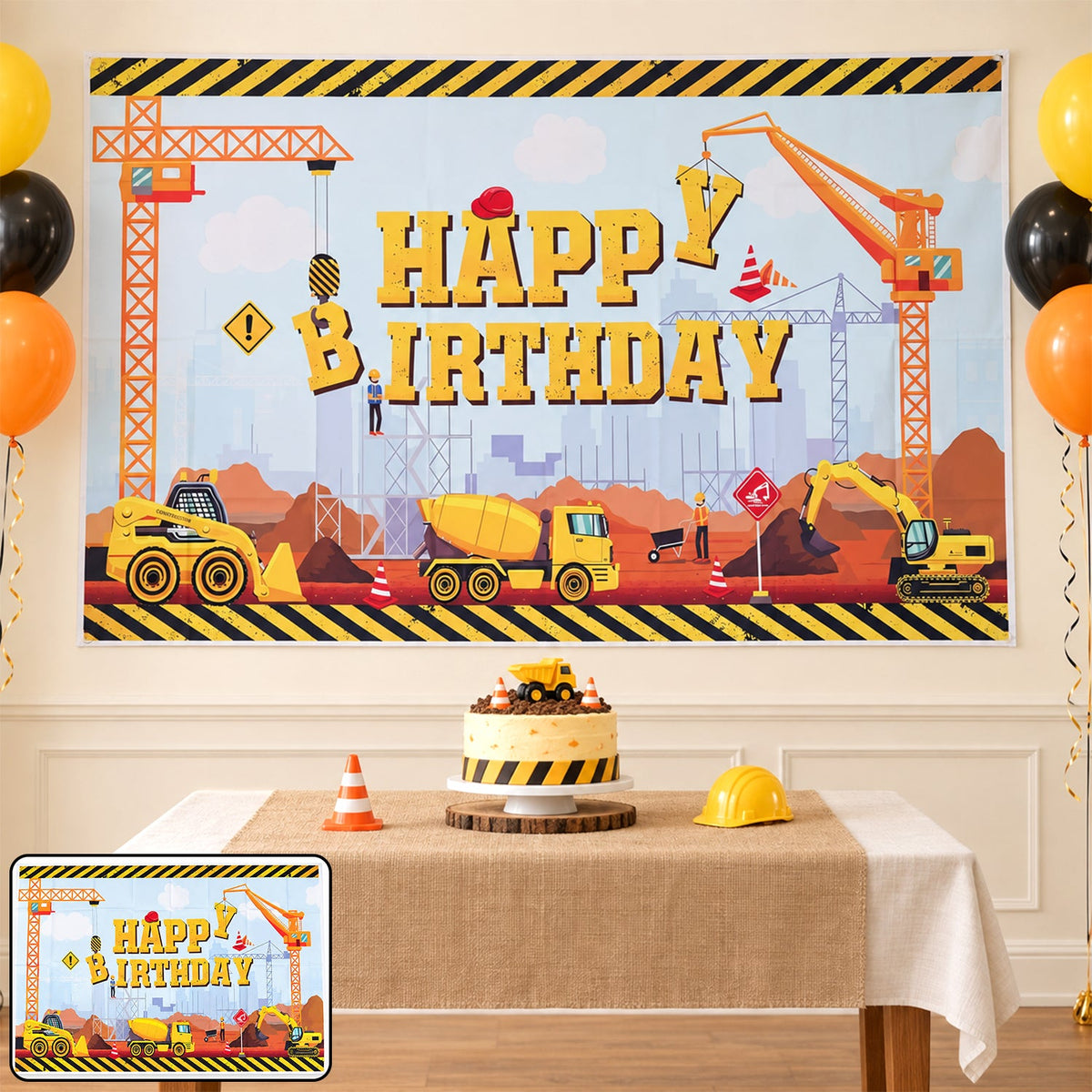 Construction Theme Happy Birthday Backdrop Curtain,&nbsp; Birthday Party Banner with Crane Artwork, Printed Wall Decoration for Cake Table, Photo Booth and Party