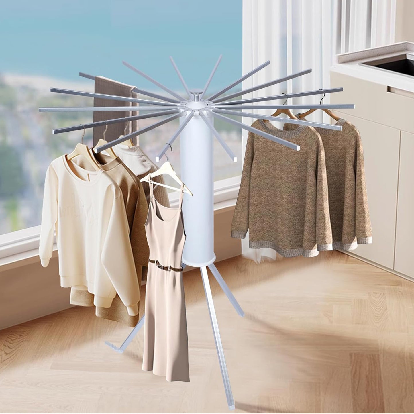 Heavy Duty Foldable Rotary Clothes Drying Rack Stand with 360° Rotating Arms Portable Freestanding Laundry Drying Tower for Indoor Outdoor Balcony and Home Use (1 Pc)