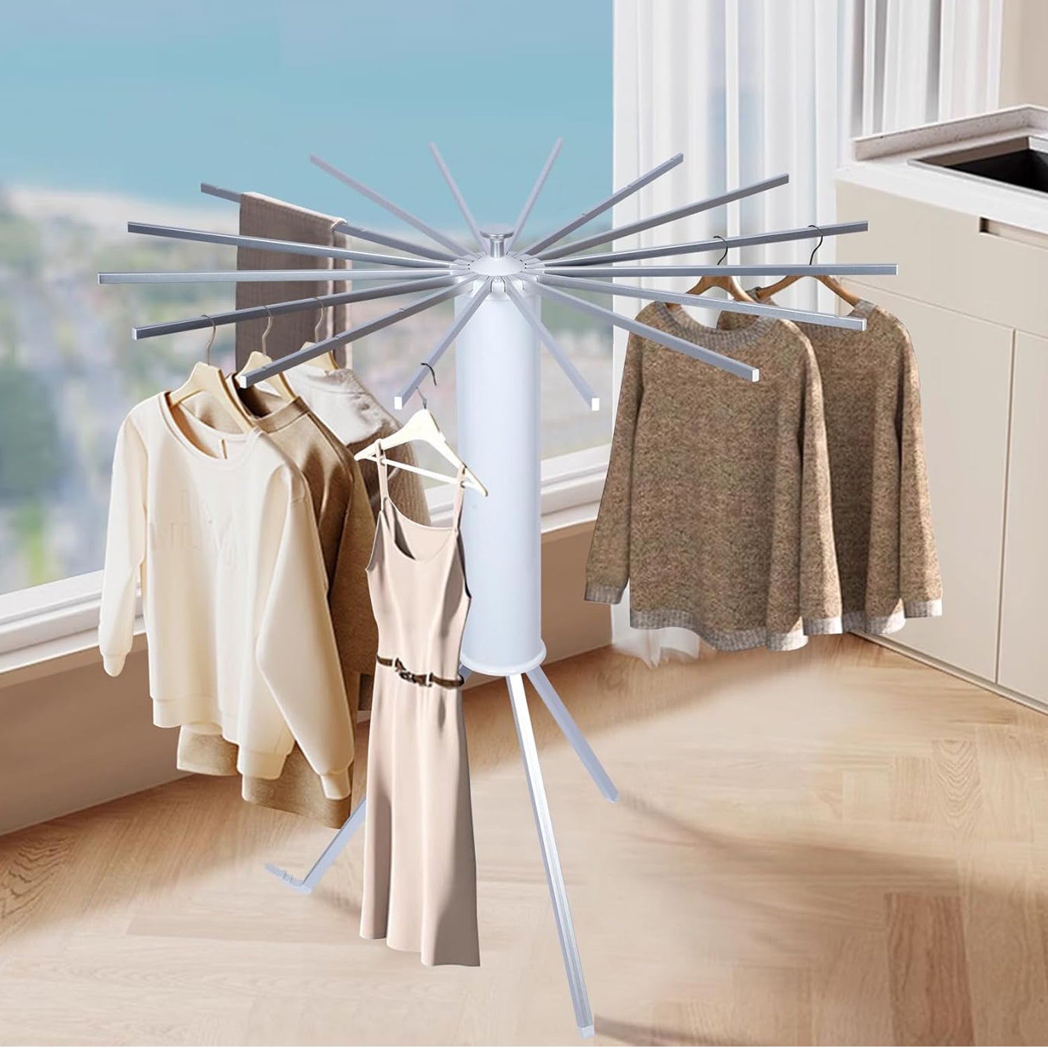 Heavy Duty Foldable Rotary Clothes Drying Rack Stand with 360° Rotating Arms Portable Freestanding Laundry Drying Tower for Indoor Outdoor Balcony and Home Use (1 Pc)
