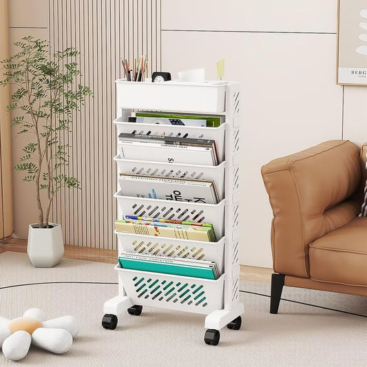 5 Tier Rotating Plastic Bookshelf with Wheels – Mobile Storage Organizer Rack for Books, Toys, Office, Home and Study Room
