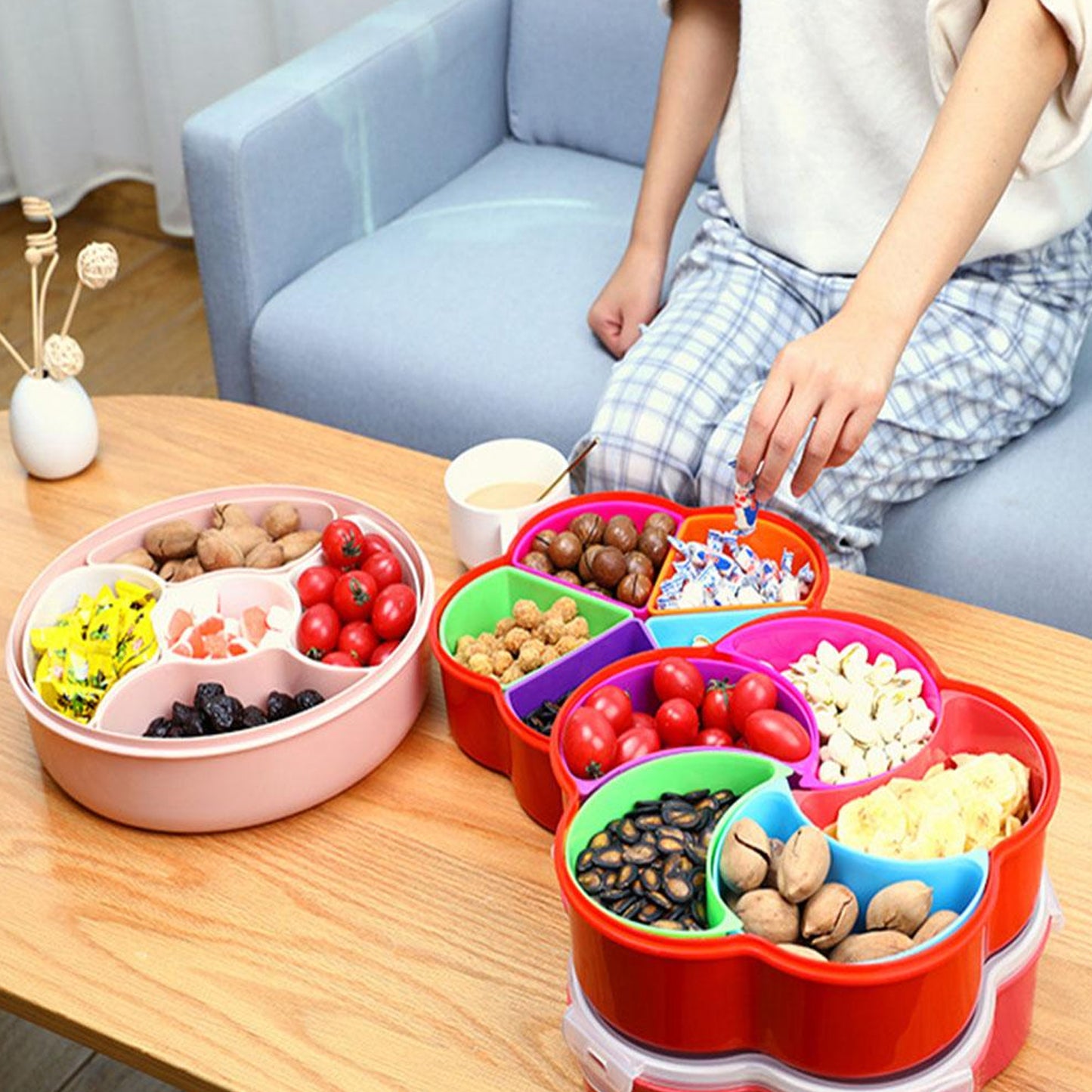 5 Compartment Party Food Storage Snack Box with Lid – Multipurpose Dry Fruit, Nuts, Candy, Fruit and Spice Storage Container for Kitchen and Dining (1 Pc)