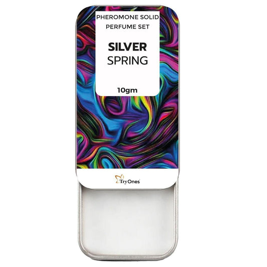 Pheromone solid perfume set packaging with colorful design and 'Silver Spring' branding.