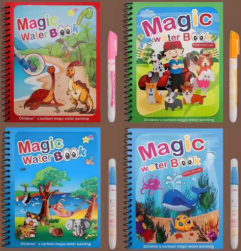 Reusable Magic Water Quick Dry Book for Kids | 4 Books Set with Water Pen | Multi-Color