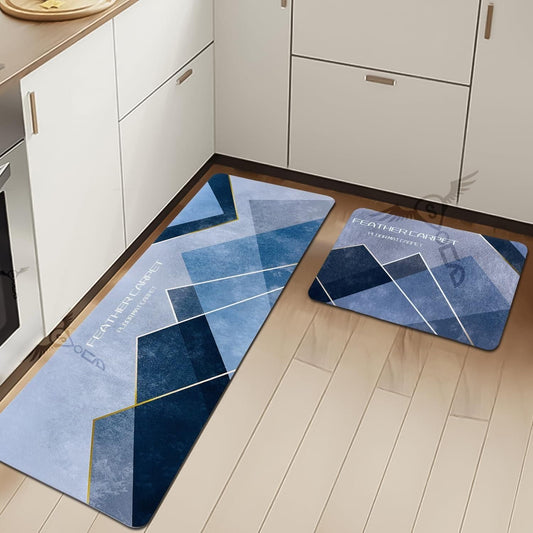 Rubber Floor Mat with Runner for kitchen – Geometric Pattern Anti-Skid Cotton Mat Set (Pack of 2)