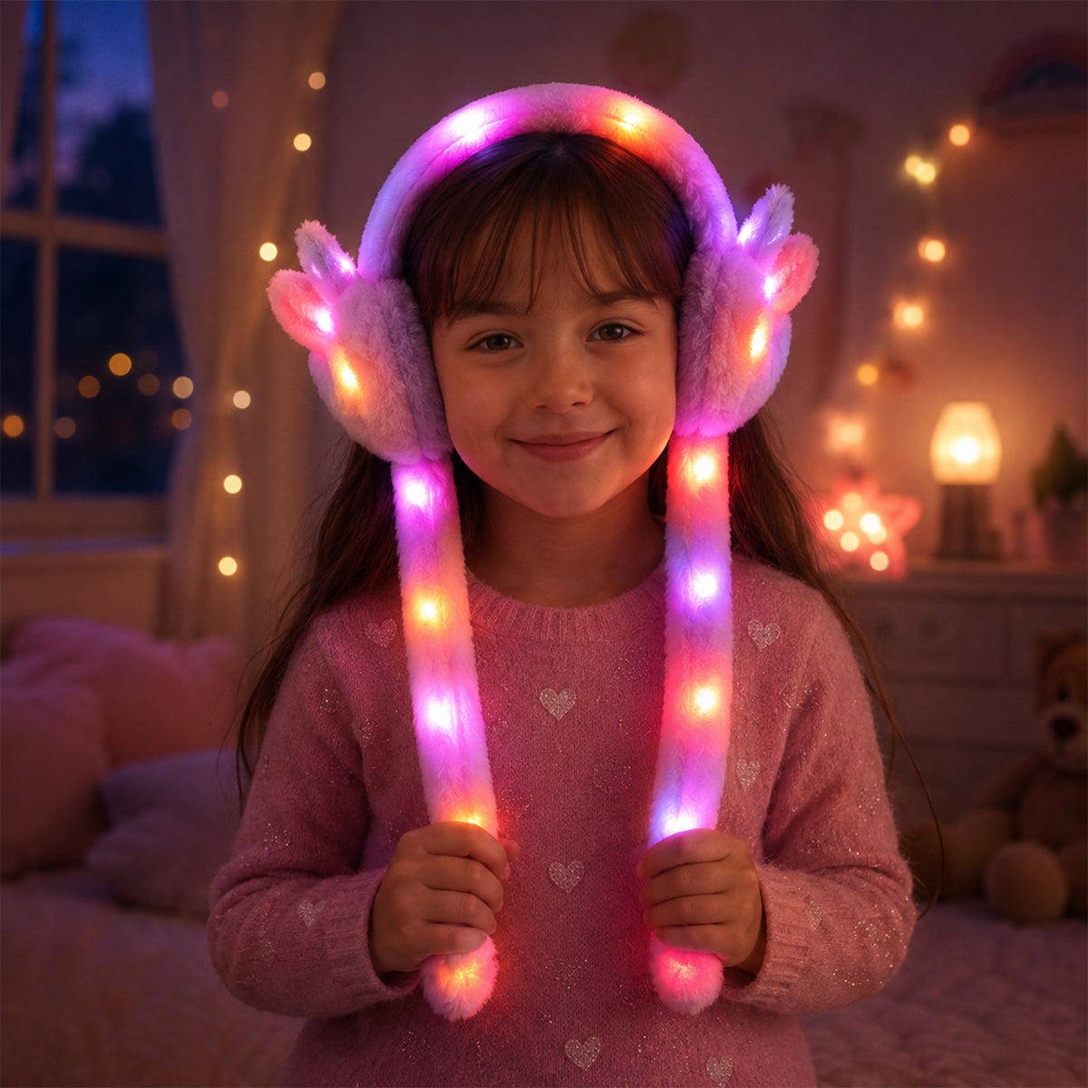 Led Light Soft Plush Winter Earmuffs With Cute Bunny Ears Long Tails (1 Piece)