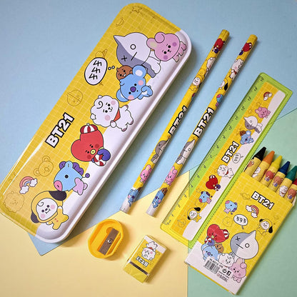 Kids Cartoon Stationery Kit with Metal Pencil Box – 12 Pieces School Supply Set with Pencils, Crayons, Scale, Sharpener and Eraser – Birthday Return Gift for Kids