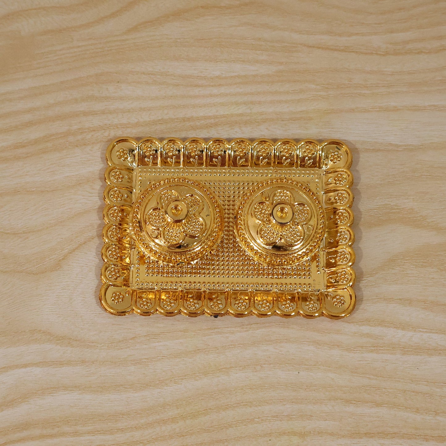 Golden Floral Kumkum Holder Square Metal Double Compartment Pooja Box for Kumkum Haldi Roli Chandan and Akshat (1 Pc)