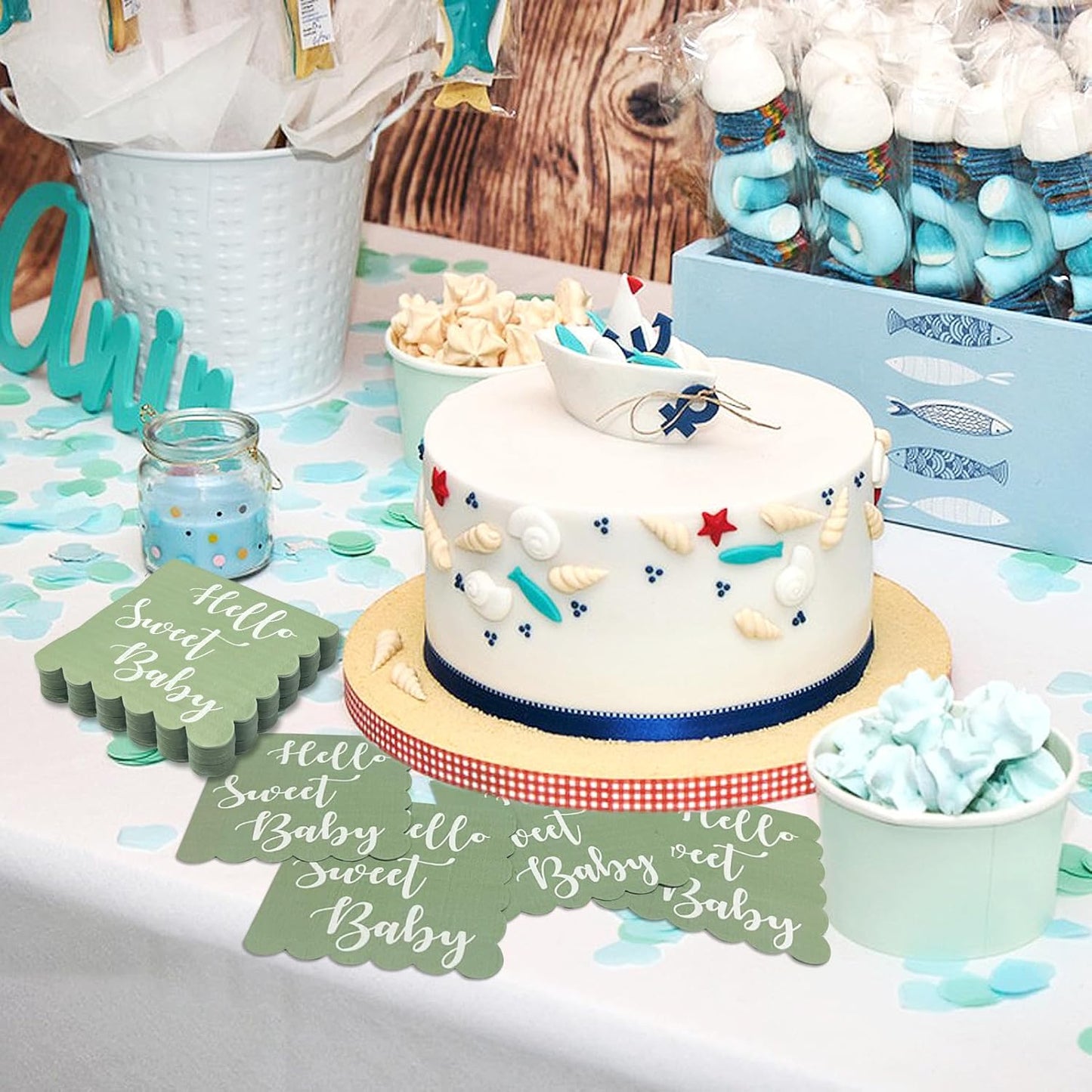 Hello Sweet Baby Party Paper Napkins | 24 Pcs Disposable Soft Tissue Napkins with Scalloped Edges | 31x31 cm Mint Green Table Napkins for Baby Shower, Birthday and Celebration Décor
