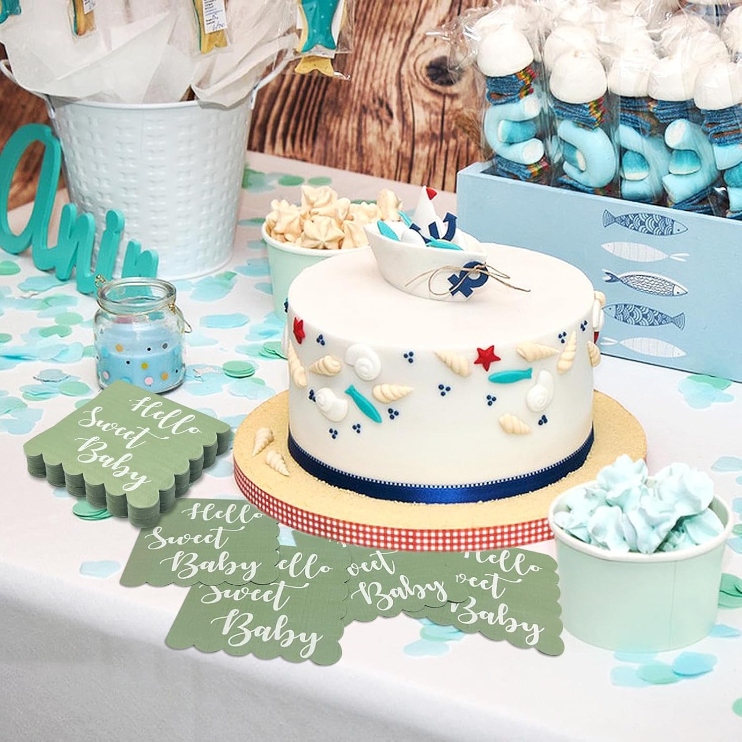 Hello Sweet Baby Party Paper Napkins | 24 Pcs Disposable Soft Tissue Napkins with Scalloped Edges | 31x31 cm Mint Green Table Napkins for Baby Shower, Birthday and Celebration Décor