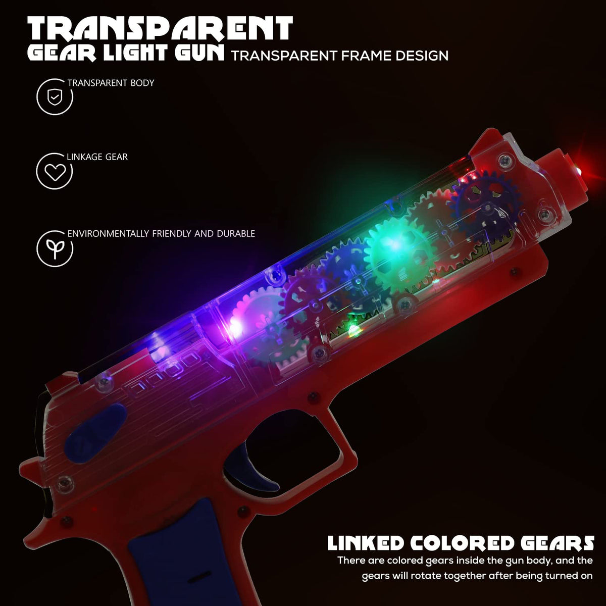 Transparent Gear Simulation Toy Gun for Kids with Rotating Gears, Flashing Lights and Music