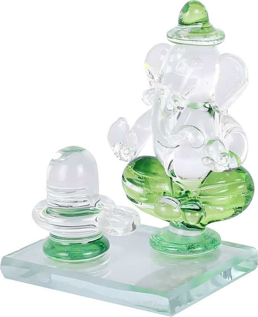 Twin Side Facing Ganesh Decorative Showpiece with Shivling Design | Crystal Multicolor – 6.5 cm