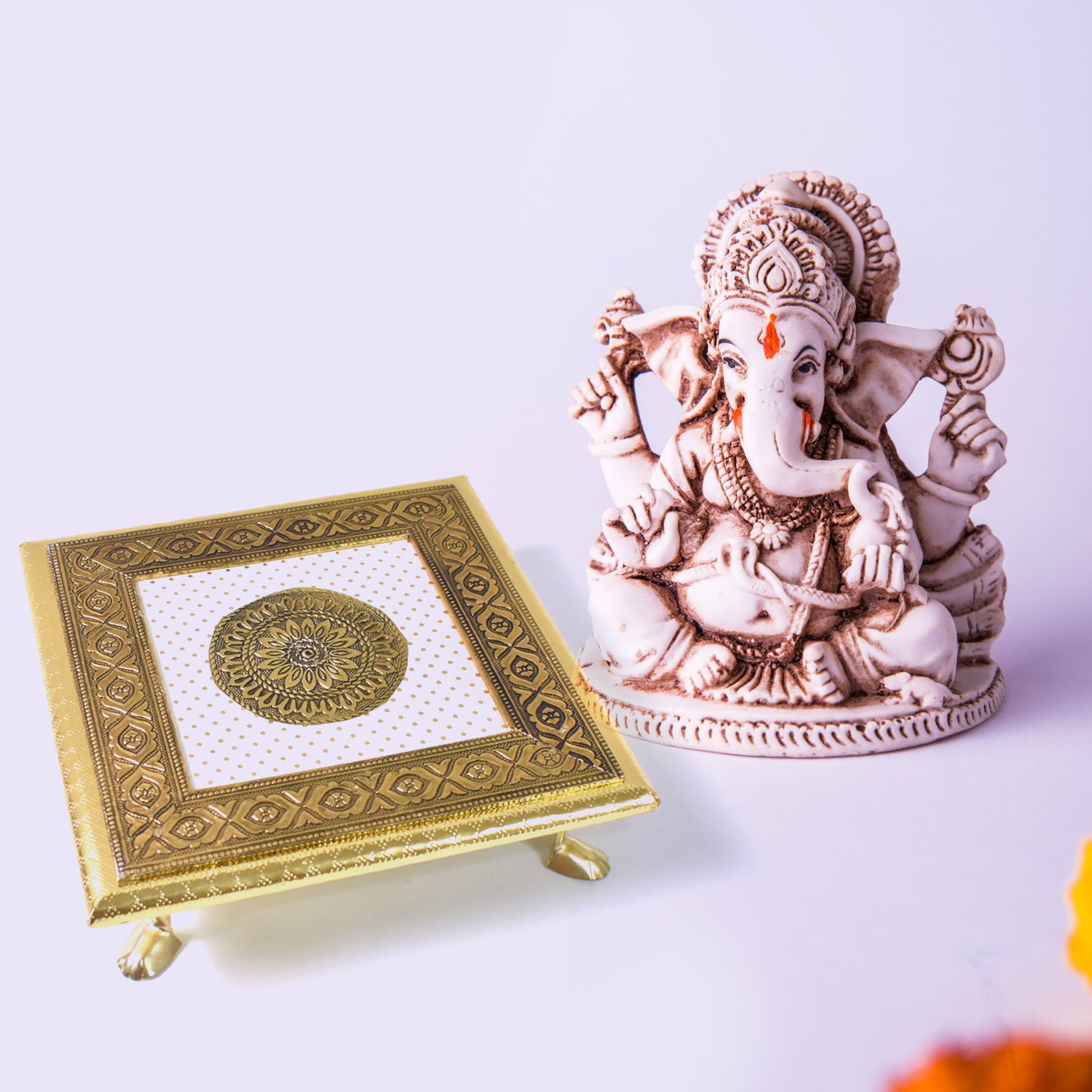 Golden Square Wooden Pooja Chowki Patla Bajot for Home Temple, Office Temple, Festivals and Religious Ceremonies 20 × 20 cm (1 Pc)