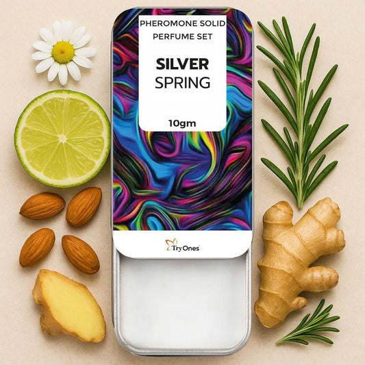 Pheromone solid perfume set 'Silver Spring' by TryOnes with natural elements on a beige background