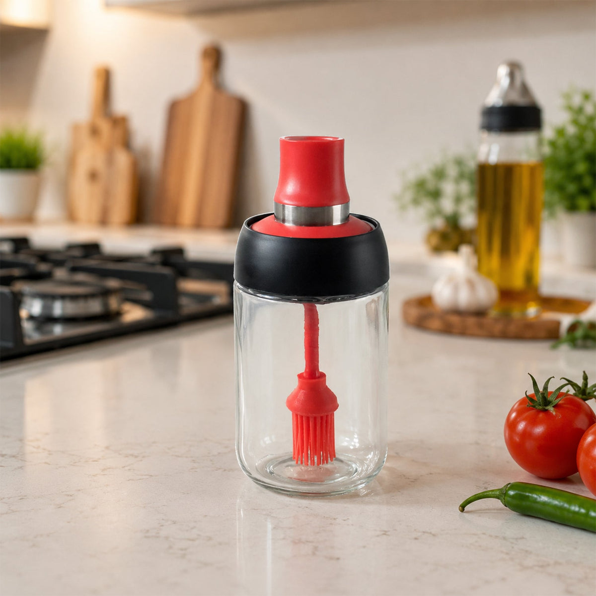 250 ML Glass Oil Dispenser Bottle with Silicone Basting Brush for Cooking, Grilling and Baking (1 Pc)