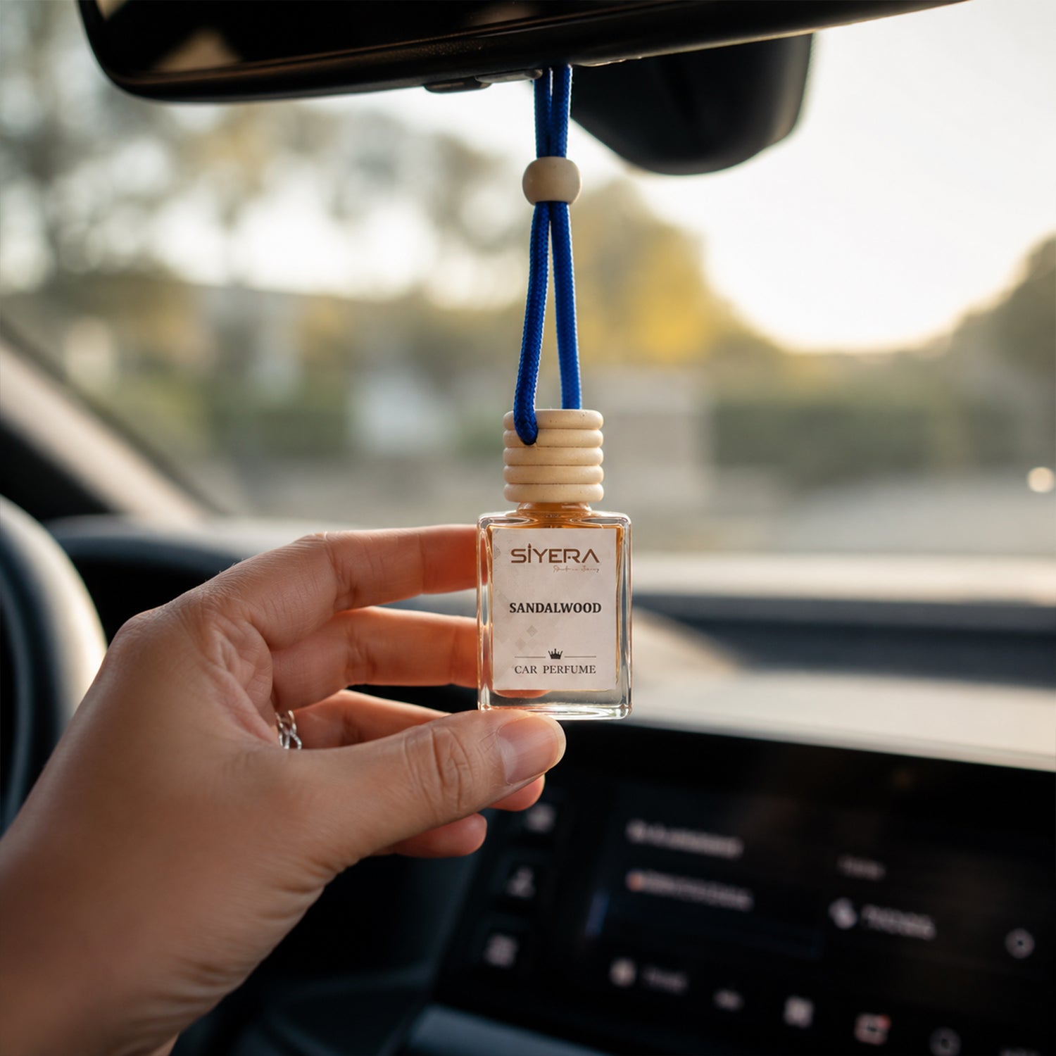 Sandalwood Hanging Car Perfume with Natural Wooden Cap Long Lasting Car Air Freshener and Fragrance Diffuser for Car, SUV and Indoor Spaces (1 Pc)