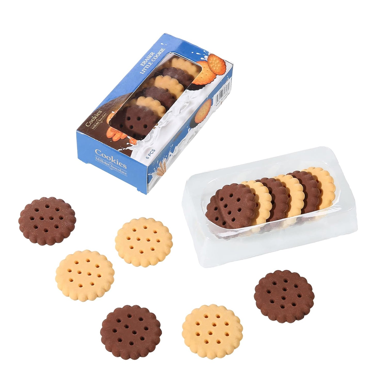Pack of 6 Biscuit Shape Erasers – Cute Creative Rubber Erasers for School, Drawing, Gifts and Party Favors