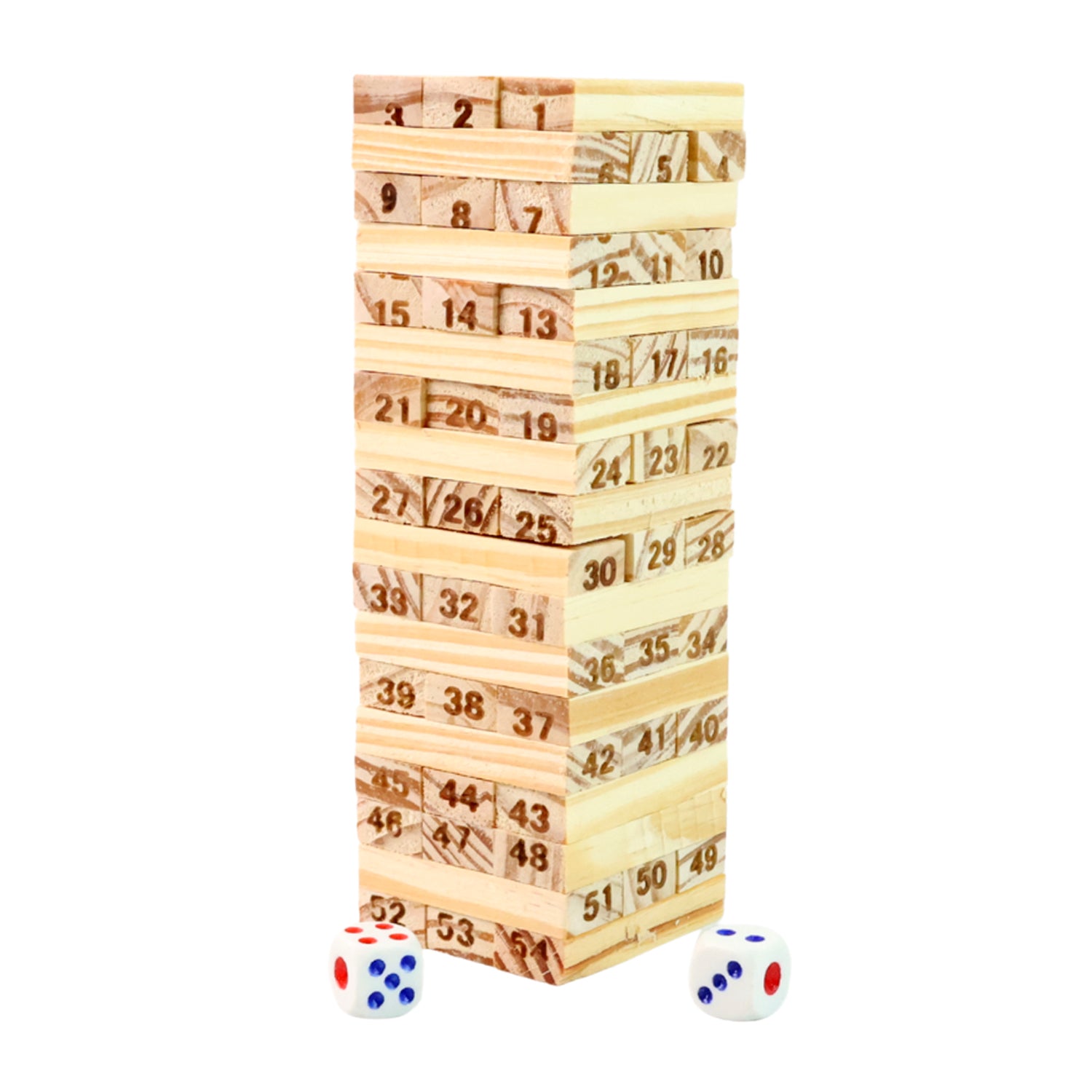Wooden Tumbling Tower Game - 54 Numbered Blocks with 2 Dice – Classic Family Tabletop Stacking Game (Kids & Adults)