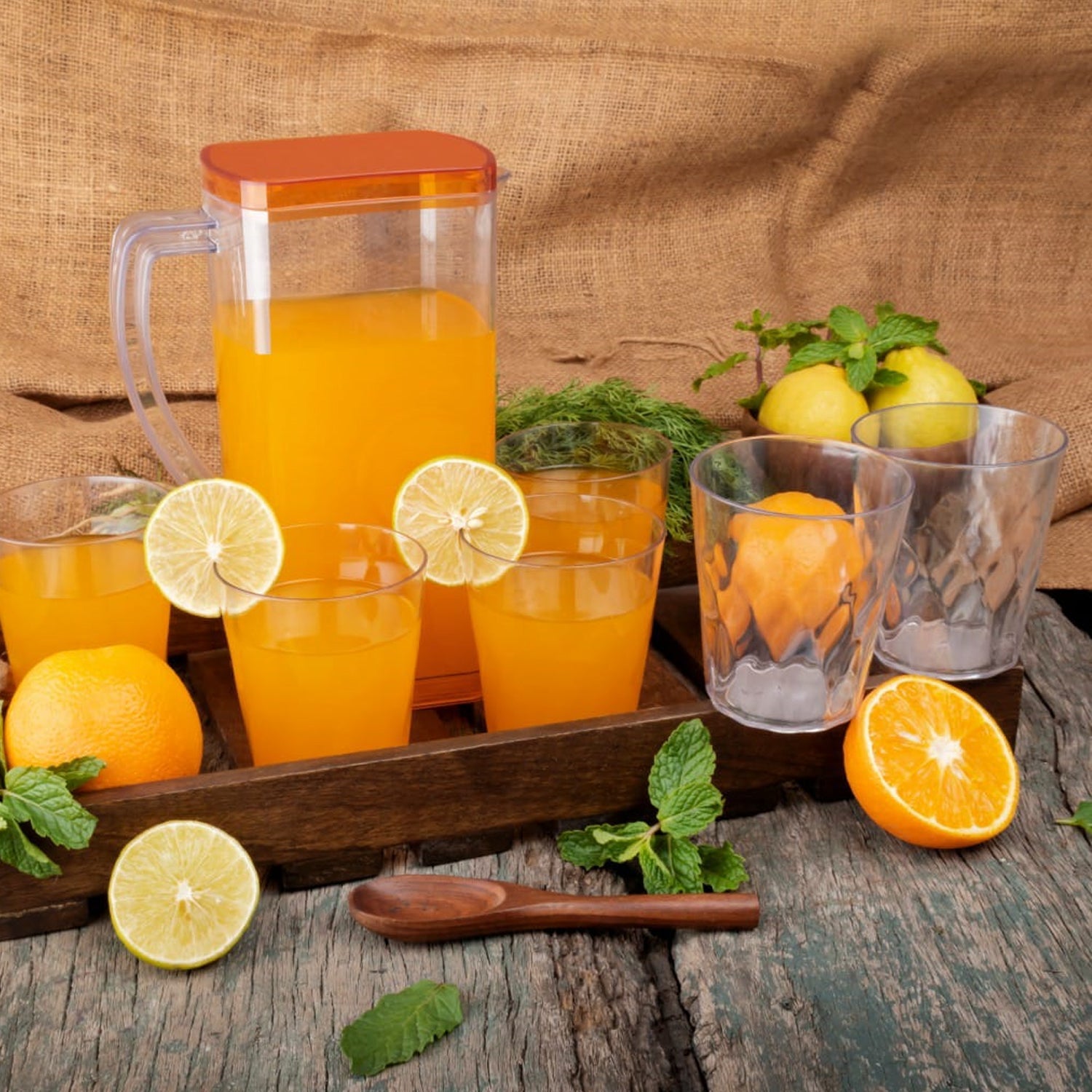 Premium Multi Purpose Square Water and Juice Jug Set 2000ML with 6 Glasses 300ML Each Transparent BPA Free Leak Proof Freezer Safe Unbreakable Jug for Fridge Dining Table