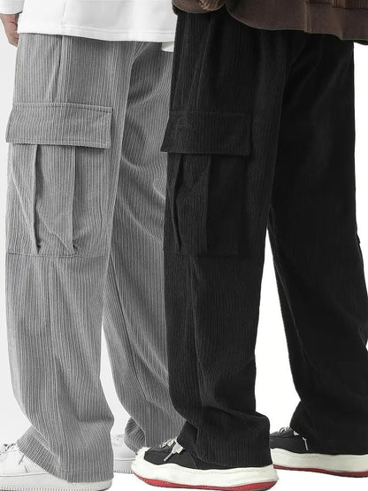 Men's Corduroy Cargo Pants Pack of 2 | Cotton Blend Solid Casual Trousers with Multiple Pockets | Comfortable Regular Fit for Men