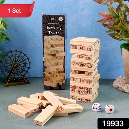Wooden Tumbling Tower Game - 54 Numbered Blocks with 2 Dice – Classic Family Tabletop Stacking Game (Kids & Adults)