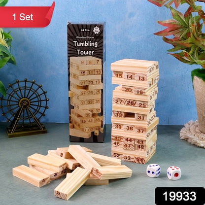 Wooden Tumbling Tower Game - 54 Numbered Blocks with 2 Dice – Classic Family Tabletop Stacking Game (Kids & Adults)