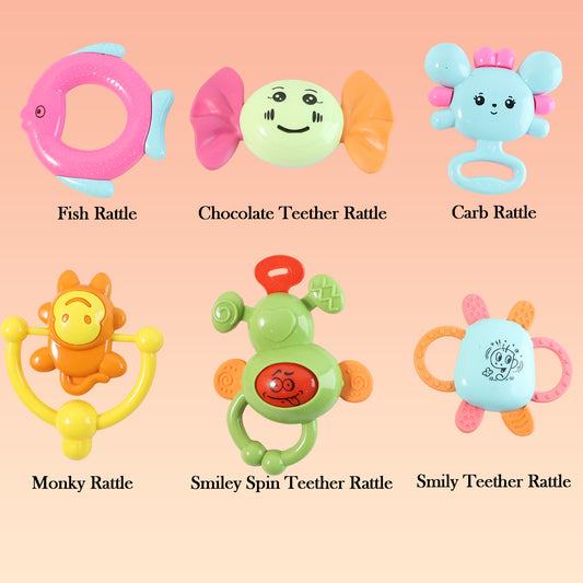 PlayCart Tiny Joys Rattle Toy Set – 6-in-1 Baby Rattles for Sensory Stimulation, Early Learning & Safe Teething Play (1 Set)
