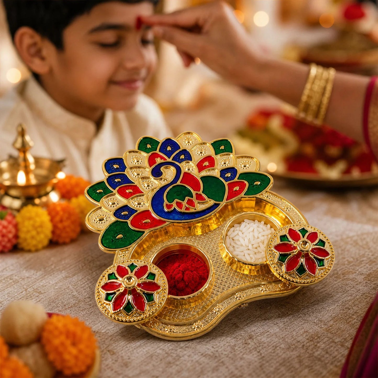 Peacock Shaped Kankavati Kumkum Holder, Decorative Golden Roli Chawal Box with Lidded Containers for Puja, Tilak, Home Temple and Festive Rituals (1 Pc)