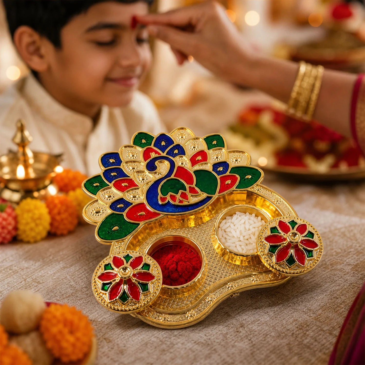 Peacock Shaped Kankavati Kumkum Holder, Decorative Golden Roli Chawal Box with Lidded Containers for Puja, Tilak, Home Temple and Festive Rituals (1 Pc)