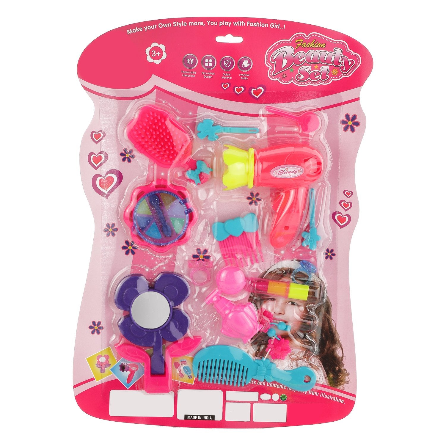 Girl's Bring Along Beauty Suitcase Makeup Vanity Toy Set with Pretend Makeup Hair Dryer Mirror and Accessories (Random color)
