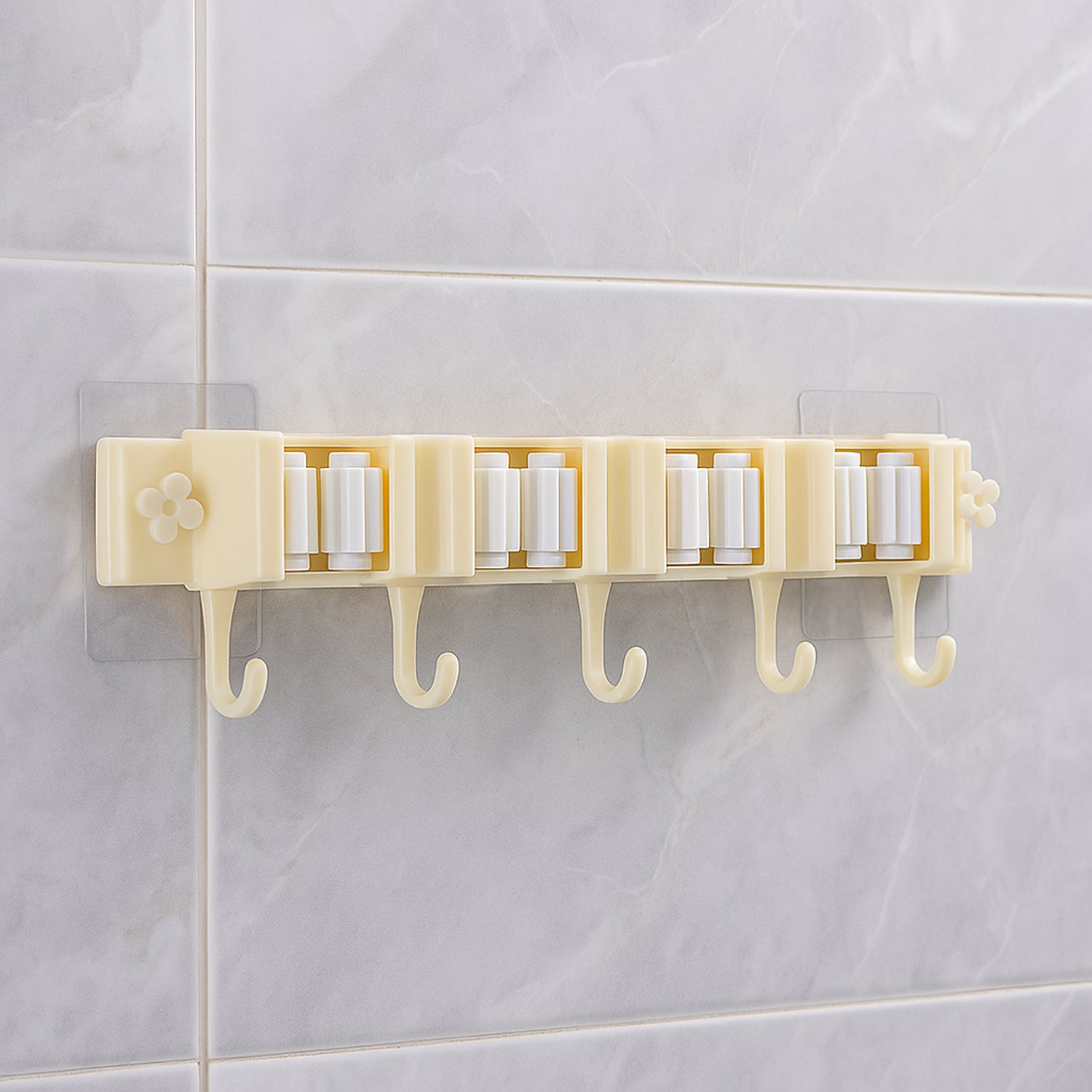 Self-Adhesive Wall-Mount Broom and Mop Holder Rack with Multi-Roller Grip and Utility Hooks – Space-Saving Organizer for Kitchen, Bathroom and Cleaning Tools