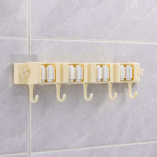 Self-Adhesive Wall-Mount Broom and Mop Holder Rack with Multi-Roller Grip and Utility Hooks – Space-Saving Organizer for Kitchen, Bathroom and Cleaning Tools