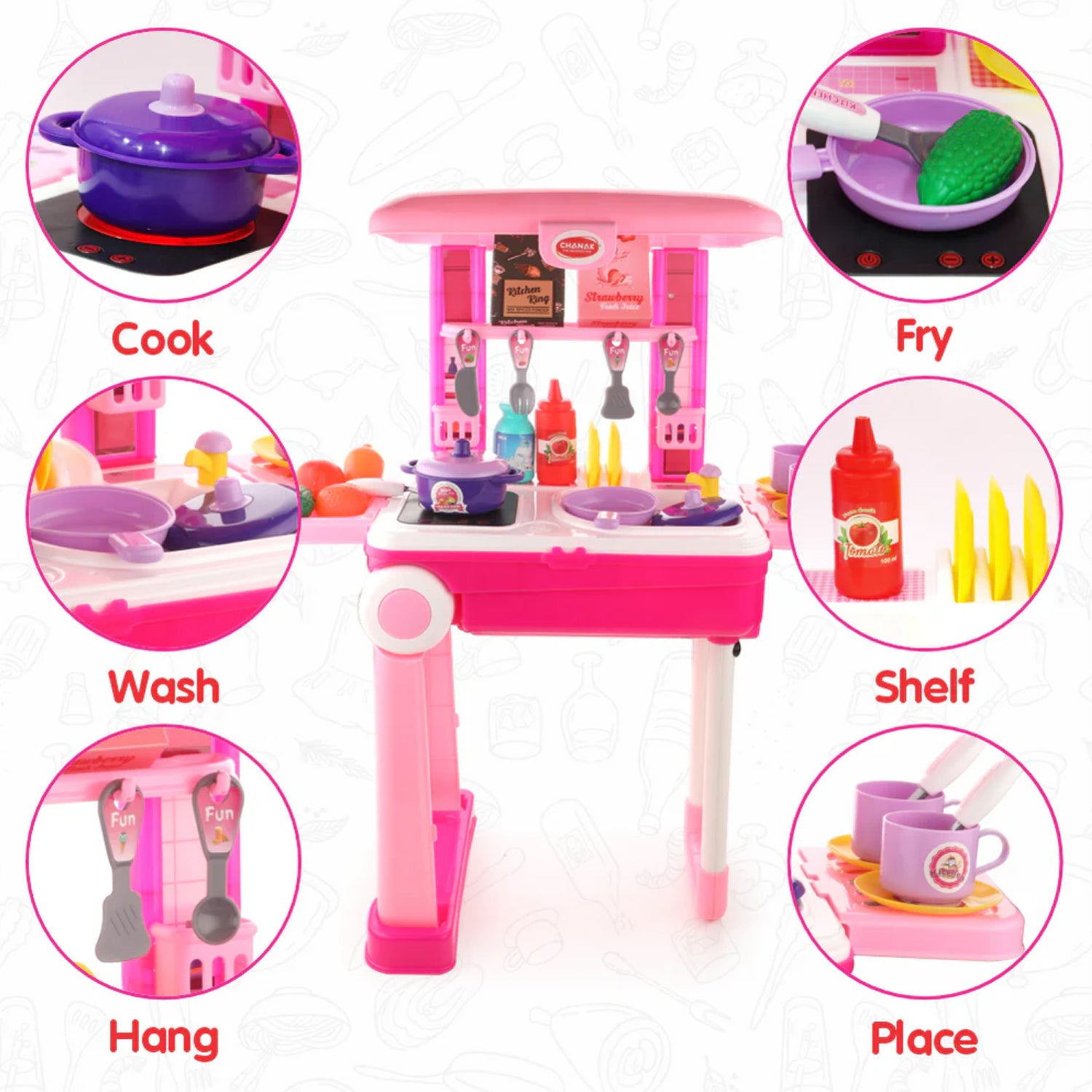 3 in 1 Kids Kitchen Play Set Trolley Suitcase Portable Pretend Cooking Toy with Accessories for Girls and Boys 3+ Years (1 Set)