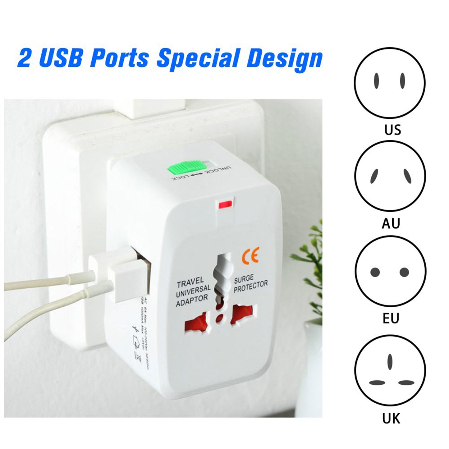 Universal Worldwide Travel Adapter International Power Plug Converter with USB Charging AU UK US EU Multi Plug Adapter (1 Pc)