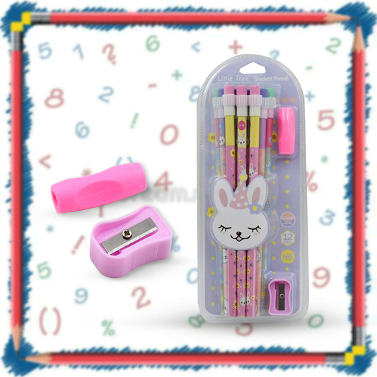 Cute Rabbit and Bear Graphite Writing Pencil Set with Eraser and Sharpener – Fancy School Stationery Gift Set for Kids (14 Pc Set)