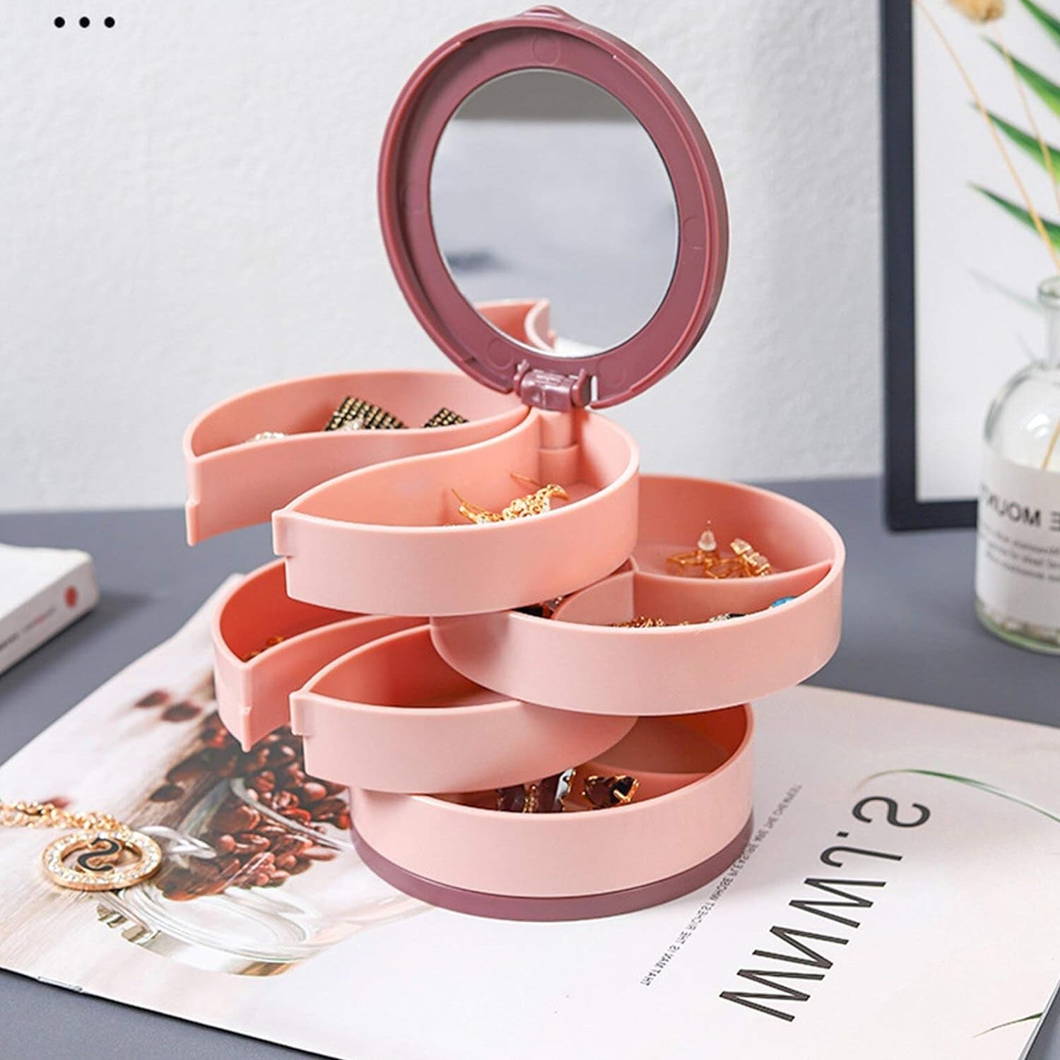 4 Layer 360 Degree Rotating Jewelry Storage Box with Mirror Portable Organizer for Rings Earrings Necklaces and Accessories (1 Pc)