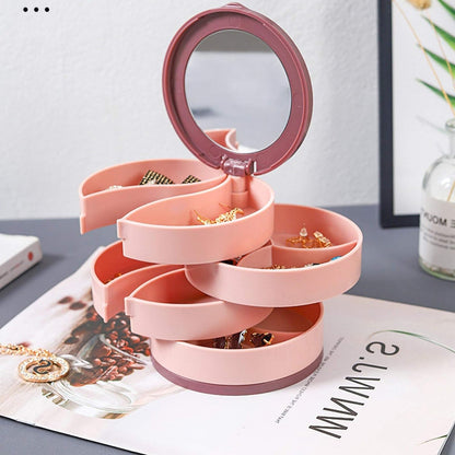 4 Layer 360 Degree Rotating Jewelry Storage Box with Mirror Portable Organizer for Rings Earrings Necklaces and Accessories (1 Pc)