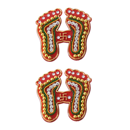 Decorative Lakshmi Charan Paduka Sticker Set with Bead and Stone Work for Diwali, Pooja, Home, Temple, Floor and Wall Decoration Pack of 2