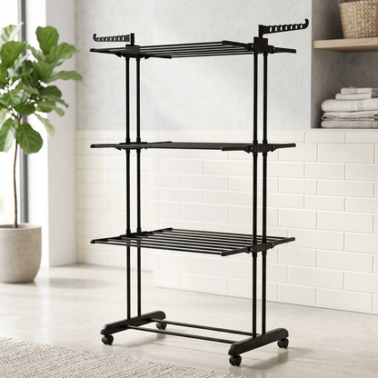 Metal Expandable Garment Rack 3 Layer Cloth Drying Stand with Wheels Foldable Laundry Rack Side Hangers for Indoor Outdoor Balcony Home (1 Pc)