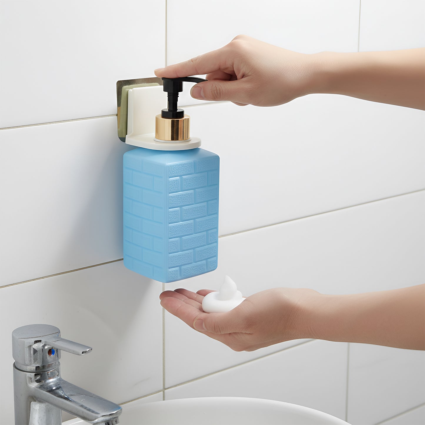 Wall-Mounted Liquid Soap Dispenser with Push Pump and Self-Adhesive Holder – Handwash and Sanitizer Dispenser (1 Set)