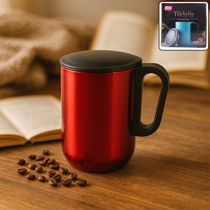 Stainless Steel Metallic Coffee Mug with Handle and Lid | Insulated Single Wall Steel Cup for Hot n Cold Beverages | Elegant Red Finish 300ML | 1 Pc