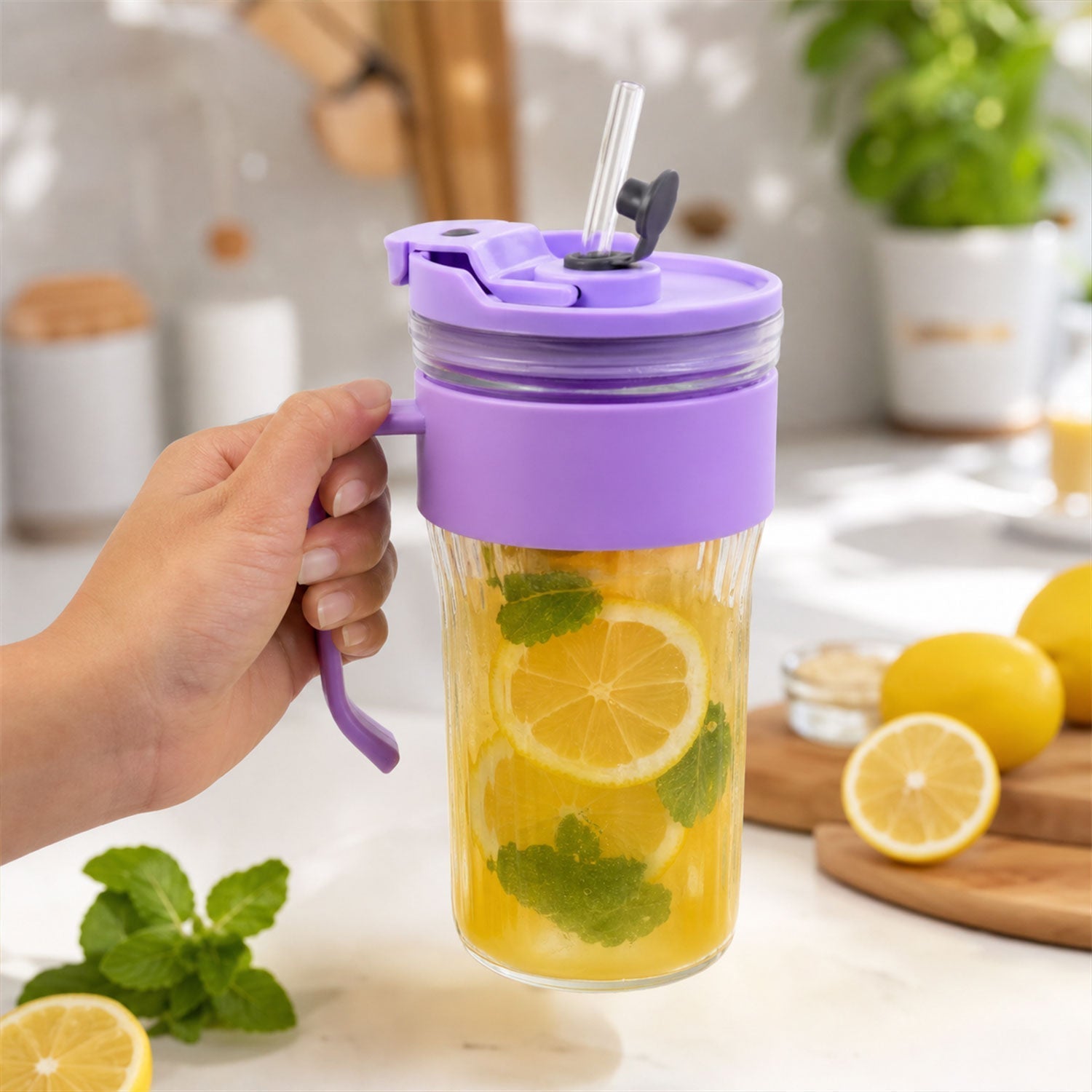 Glass Tumbler with Lid Straw and Handle Clear Drinking Mug for Coffee Juice Smoothies Infused Water and Everyday Beverages 500 ml (1 Pc)