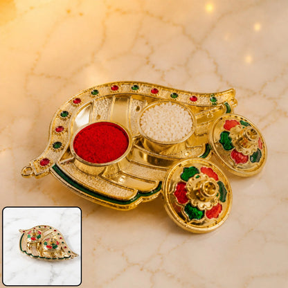Shankh Shaped Kankavati Kumkum Holder, Decorative Golden Roli Chawal Box with Lidded Containers for Puja, Tilak, Home Temple and Festive Rituals (1 Pc)