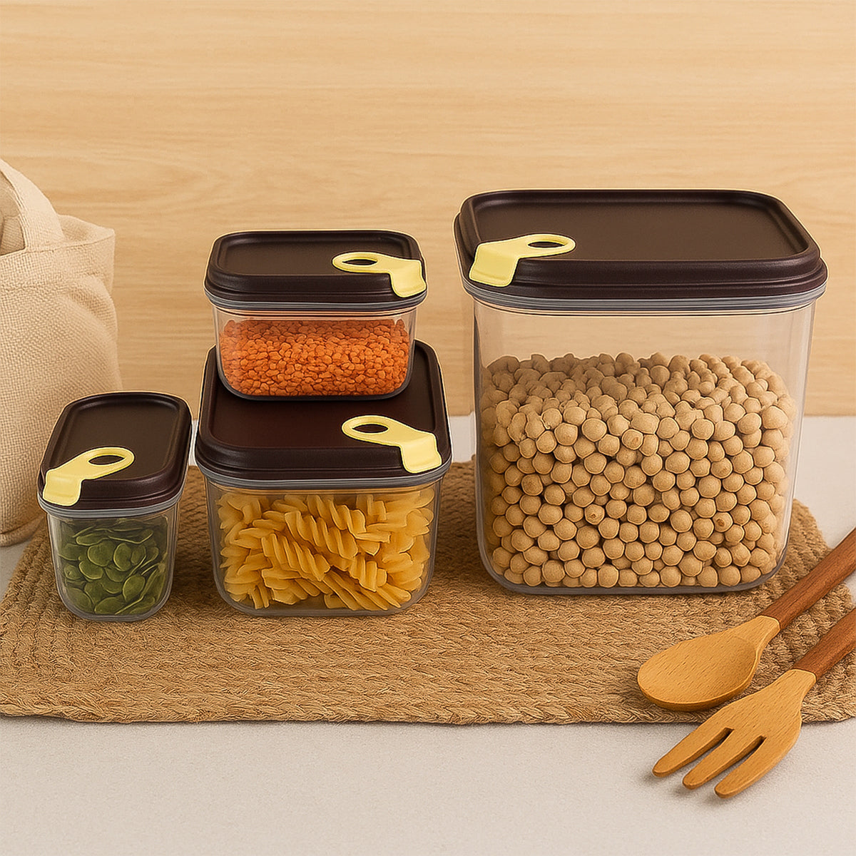 Ritu Push 'N' Lock Airtight Food Storage Container Set of 4, Plastic Pantry Jars with Push-Lock Lids for Snacks, Pulses, Pasta, Cereals and Dry Fruits