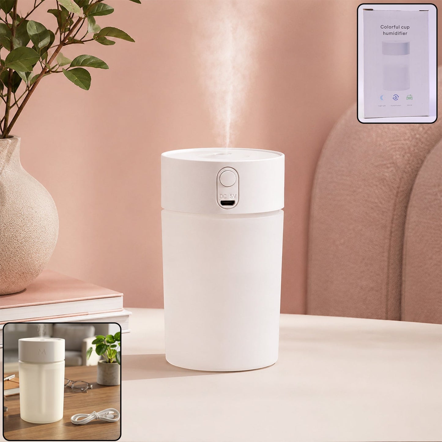 Mini Portable USB Humidifier Desktop Cool Mist Air Humidifier with Night Light Quiet Ultrasonic Mist Maker for Home, Office, Bedroom, Car and Travel (1 Pc)