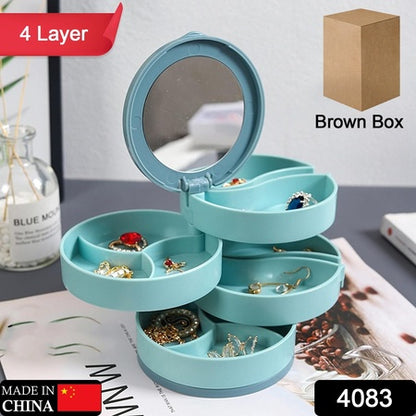 4 Layer 360 Degree Rotating Jewelry Storage Box with Mirror Portable Organizer for Rings Earrings Necklaces and Accessories (1 Pc)