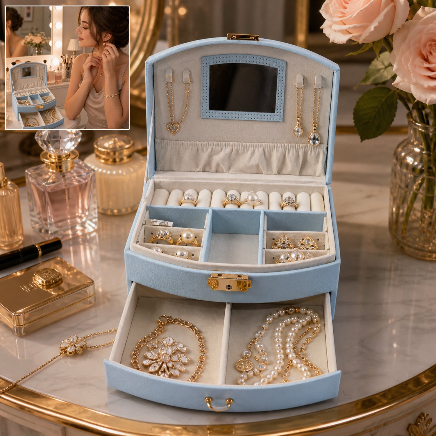 Premium Multi Layer Jewelry Storage Box with Mirror Drawer and Compartments for Rings Earrings Necklaces Bracelets Travel Organizer (1 Set)