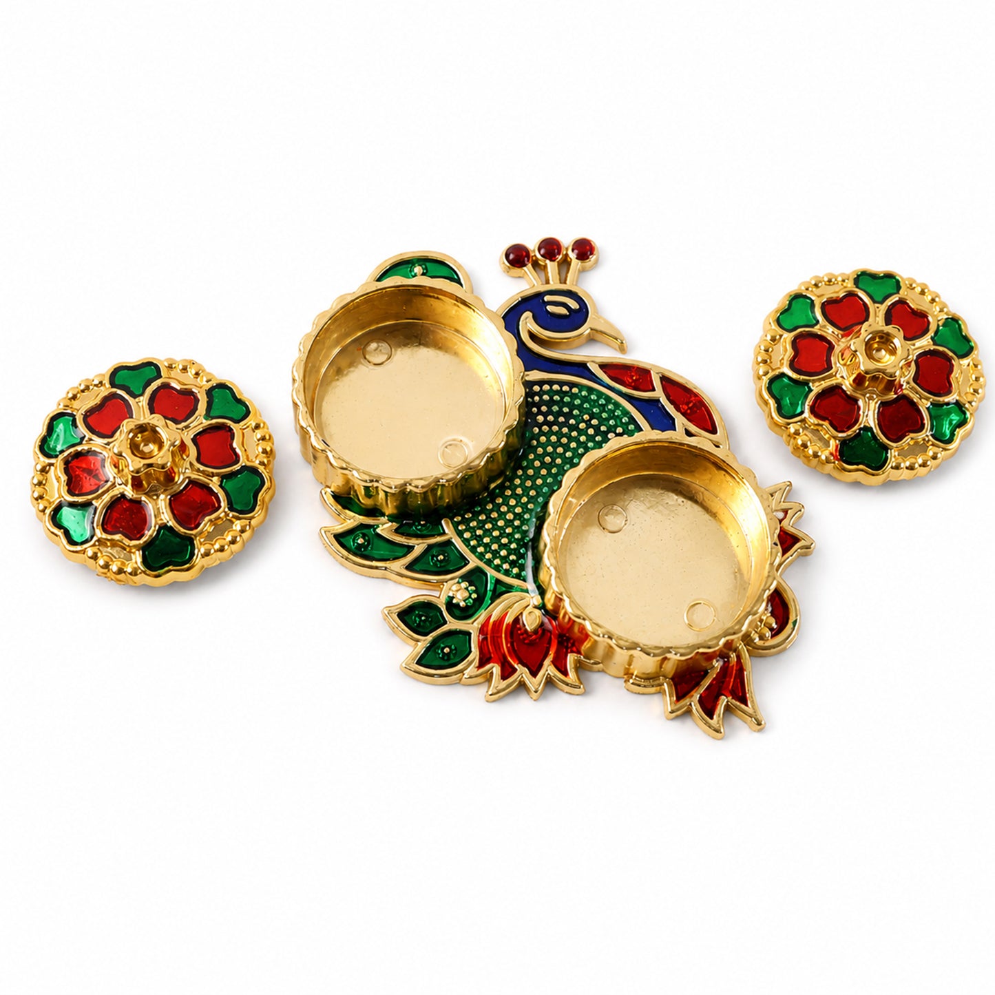Premium Peacock Design Decorative Kumkum Dani Kankavati with Two Lidded Containers for Haldi, Kumkum, Roli, Chawal, Pooja and Festival Rituals (1 Pc)