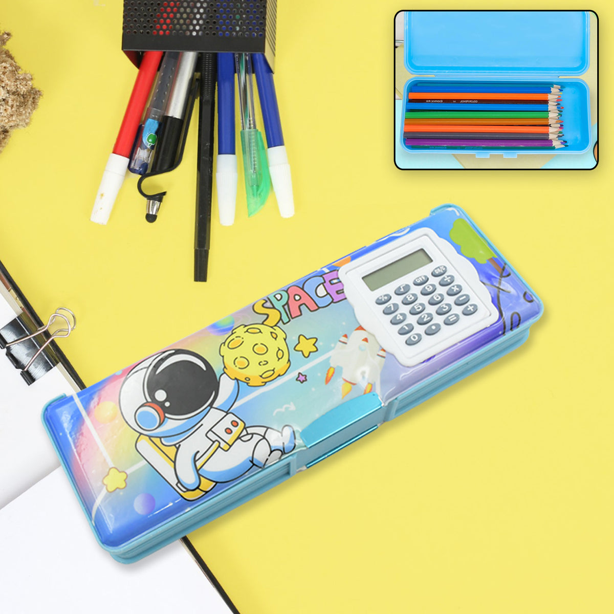 Double Sided Magnetic Geometry Box with Calculator for Kids | Cartoon Print Plastic Pencil Box for Kids
