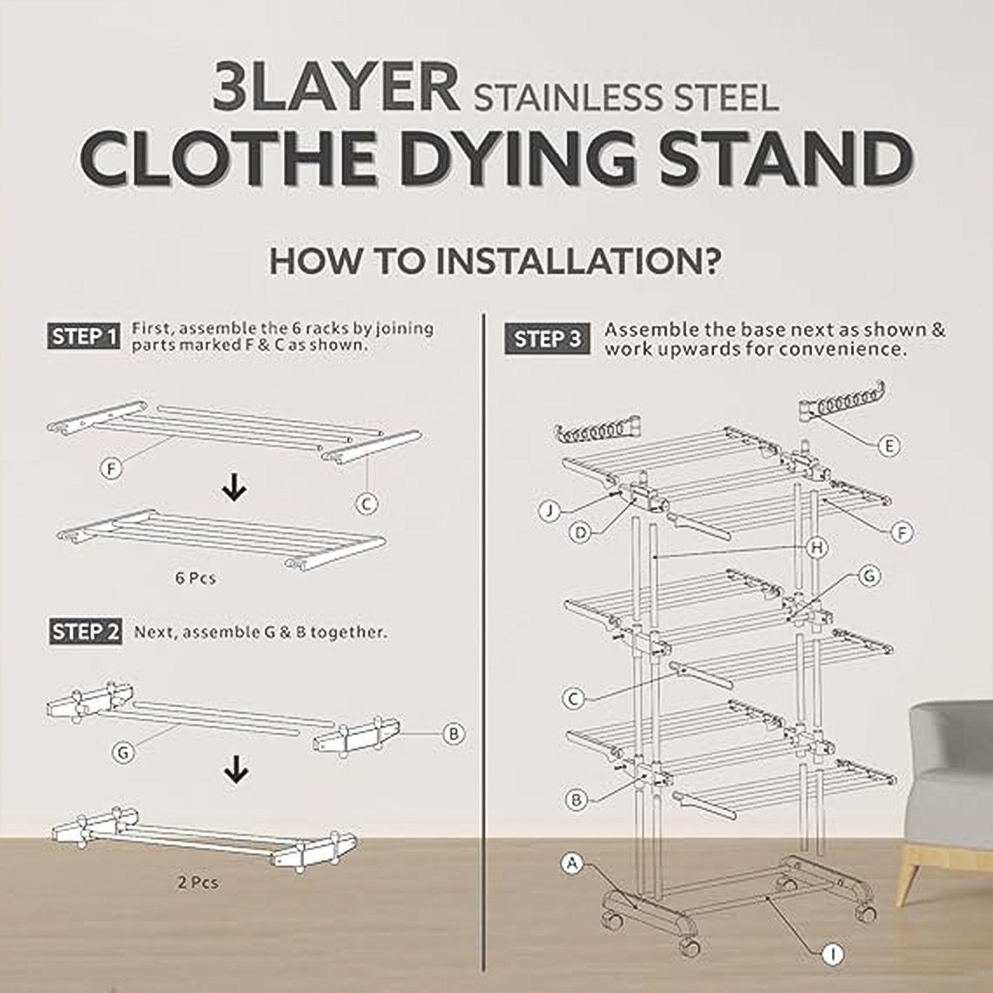 3 Tier Foldable Stainless Steel Cloth Drying Stand with Wheels Heavy Duty Portable Laundry Drying Rack for Indoor Outdoor Balcony and Home Use (1 Pc)
